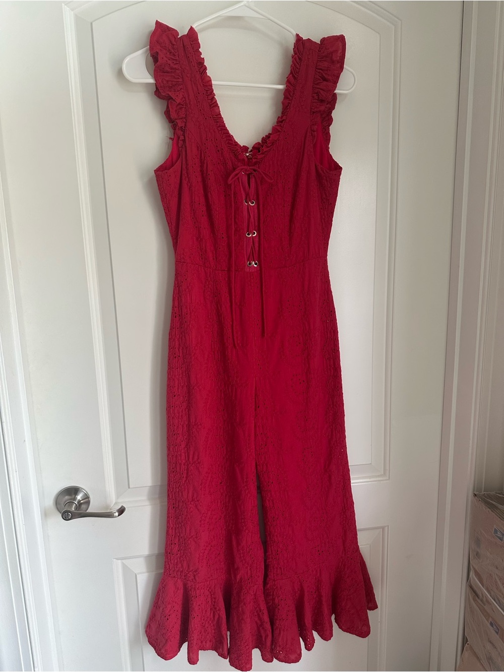 Lulu's Hot Pink Lace-Up Ruffle Jumpsuit